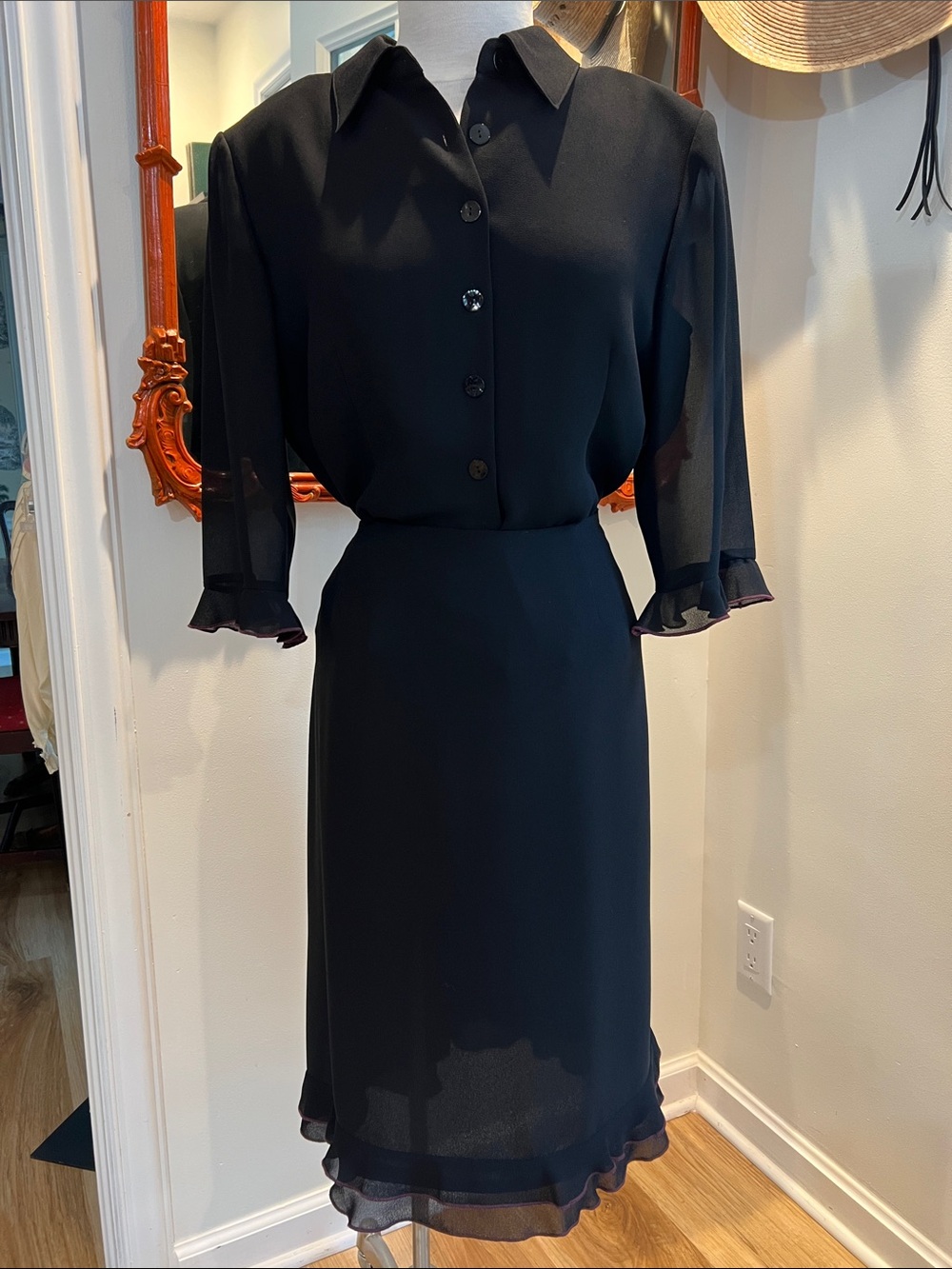 Cynthia Howie, 80’s 90’s two piece, Blouse Midi Skirt set   Black crepe  sz 12